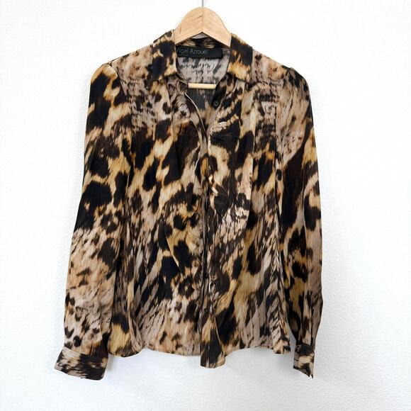 Yigal Azrouel Silk Animal Print Luxury Blouse Brown Black Long Sleeve Made USA 6 - Picture 1 of 5